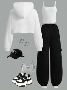 SHEIN Streecool Kids 3 件套青少年女孩休闲宽松字母图案连帽衫、针织吊带背心和绿色针织工装裤，适合春秋冬季