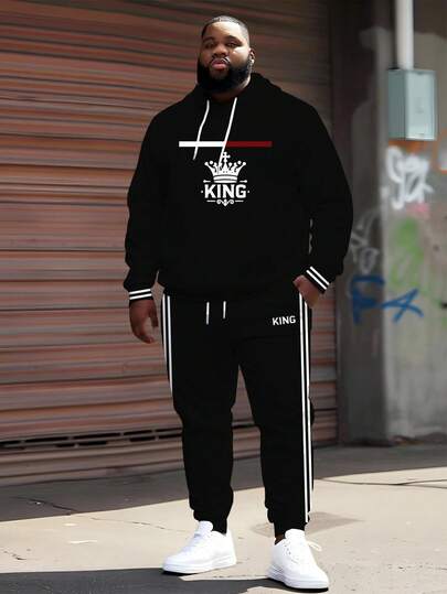 Manfinity Homme 男士加大码街头时尚虎纹印花（连帽卫衣+运动裤）套装，男士秋冬两件套，男士日常连帽卫衣套装