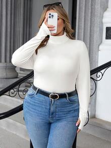 SHEIN CURVE+ 大码女式高领带拇指孔修身基础款T恤，适合春秋季穿着。大码基础款上衣/秋冬款 - 白色 - 查看 8