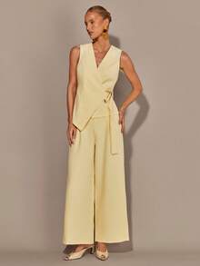 COSMINA 2pcs/Set Elegant Sleeveless Women's Outfit, Versatile For Commuting And Gatherings, All Season Yellow Outfit - Light Yellow - View 3