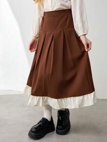 Tween Girls' Elastic Waist Pleated Floral Trim Casual Everyday Skirt - Coffee Brown - View 8