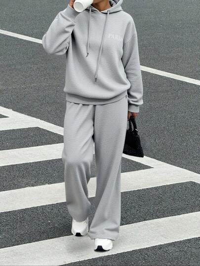 EURMUSE Chic Grey Two Pieces Lounge Set For Women – Oversized Hoodie And Wide Leg Pants, Cozy Paris & Coffee Print, Casual Street Style, Comfy Fall Winter Tracksuit, Relaxed Fit Sweat Set
