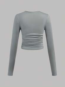 SHEIN Girlism 3pcs/Set Teen Girl Solid Color Crew Neck Ruched Long Sleeve T-Shirts - Blue - View 10