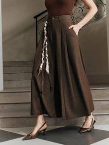 Anewsta Elegant Design Beaded Scarf Belt High Waist Wide Leg Pants, Korean Style Slimming Loose Fit Cropped Trousers, 2025 Autumn New Arrival