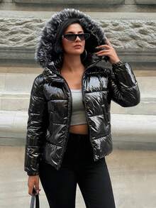 EURMUSE Faux Fur Patchwork Winter Hooded Long Sleeve Coat - Black - View 1