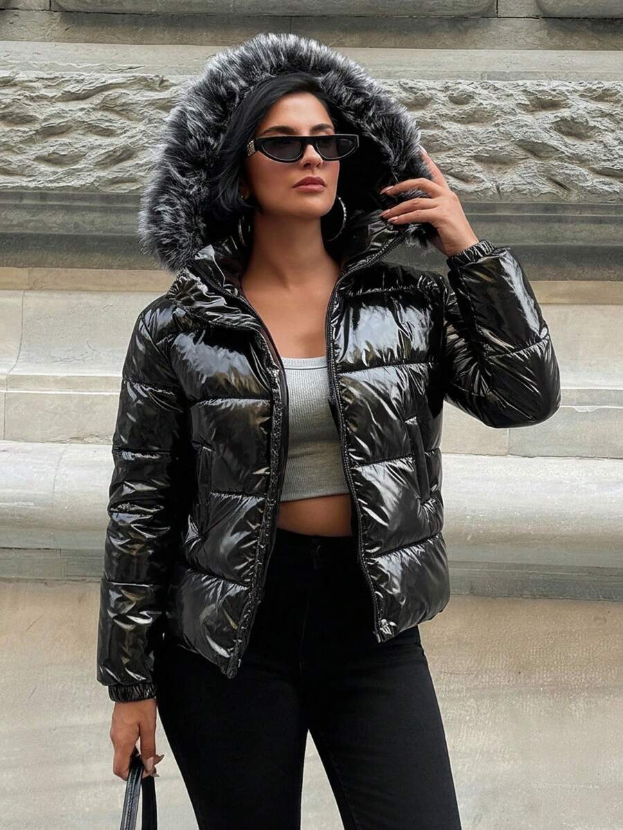 EURMUSE Faux Fur Patchwork Winter Hooded Long Sleeve Coat - Black - View 1