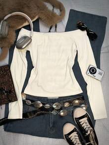 SHEIN Áo thun nữ cỡ lớn tay dài dáng ôm trễ, hở vai, kiểu retro, được trang trí bằng họa tiết nốt nhạc, phong cách retro Y2K thời thượng, chất liệu cao cấp, món quà tuyệt vời dành cho chị em gái, quà tặng tựu trường hoặc quà tặng ngày lễ. - Nhiều màu - Xem 2