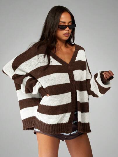 MISSGUIDED Oversized Button Front Cardigan With V Neck And Horizontal Stripes For Fall Winter Layering Knit Sweater