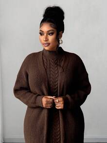 Maweii Plus Size Women Solid Color Cable Knit Elegant Dress Cardigan Two Pieces Set - Coffee Brown - View 4