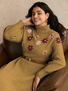 SHEIN LUNE Vestido de punto midi con cuello alto, mangas farol y bordado floral, elegante y estilizador, para otoño/invierno, talla grande - Amarillo - Ver 6