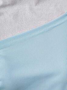 Sparklyn 2pcs/Set Tween GirlsOblique Shoulder Ribbed Fitted Long Sleeve Top + Straight Leg Pants Outfit - Blue - View 7