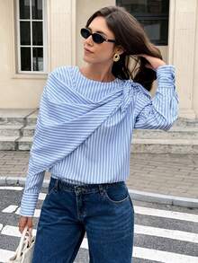 Serisse Women's Elegant Blue And White Stripe 2-Piece Set,Asymmetric Drop Shoulder Long Sleeve Shirt With Shawl,Autumn Office Commute Minimalist Blouse Top - Blue and White - View 1