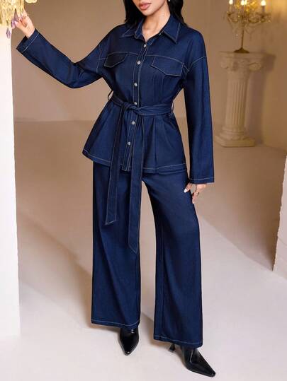 Veilorie Women's Solid Color Minimalist Long Sleeve Top & Jeans 2 Piece Set, Casual Everyday Wear