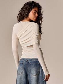 AiiRZ Long Sleeve Twisted Front Knot Detail Top Round Neck Fitted Blouse Fall Winter Layering Essential Casual Wear - White - View 2