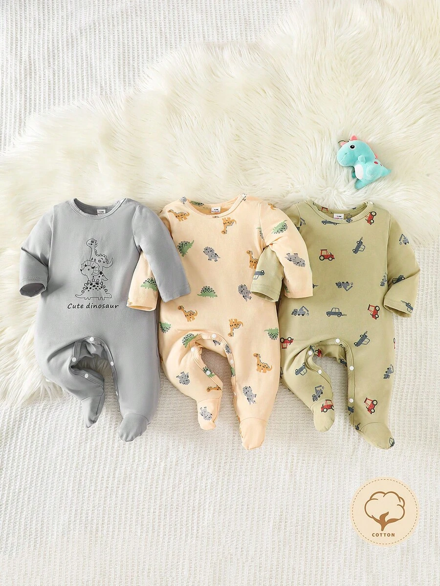 Newborn Baby Cotton Pajamas-3 Piece Pajama New Born 2026 Footed Sleepsuit Set Dinosaur Car Print Long Sleeve Round Neck Snap Closure Full Length Footed Pants One Piece Pajamas Pastel Gray Peach Olive Four Seasons Holiday 2026 Must Have Gift - Multicolor - View 1