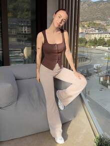 Abrilcols French Style Square Neck Sleeveless Slit Knit Camisole Tank Top For Women, Summer Cropped Fitted Design Look - Brown - View 4