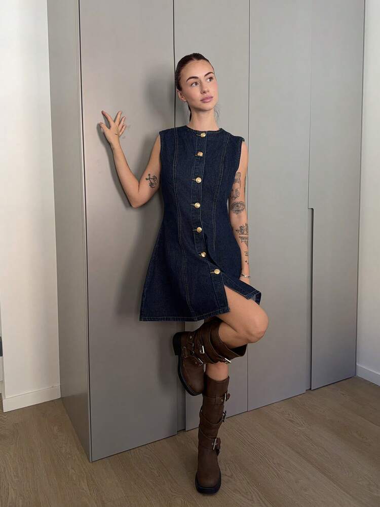 Abrilcols Vestido mini ajustado sin mangas de mezclilla para mujer, vestido de mezclilla azul con botones, vestido de mezclilla ajustado y acampanado para mujer - Azul lavado oscuro - Añade 1