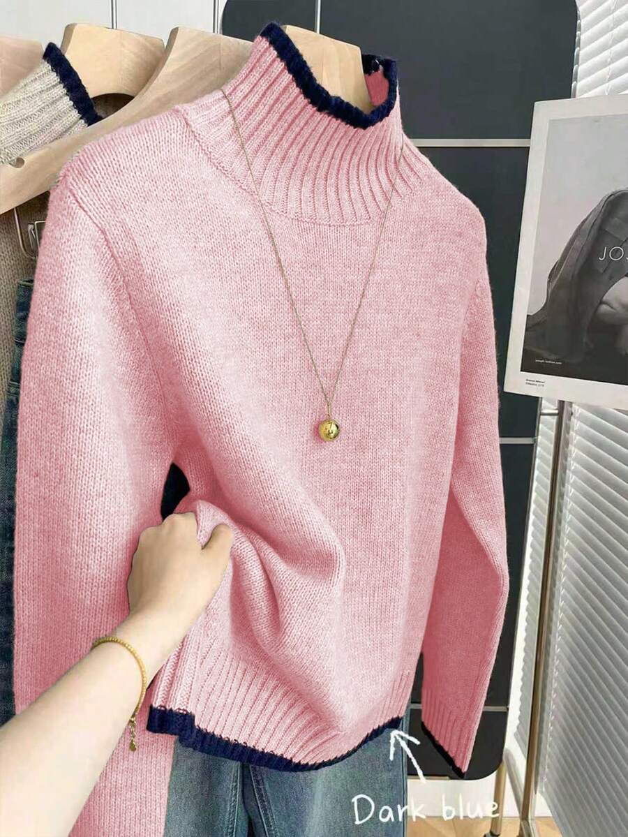 Franclia 法式复古宽松高领长袖撞色滚边针织套头毛衣，女士秋冬款 - 淺粉色 - 查看 1