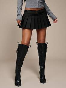 SHEIN BAE Women's Fashionable Versatile Solid Color Low Waist Pleated Mini Skirt - Black - View 1