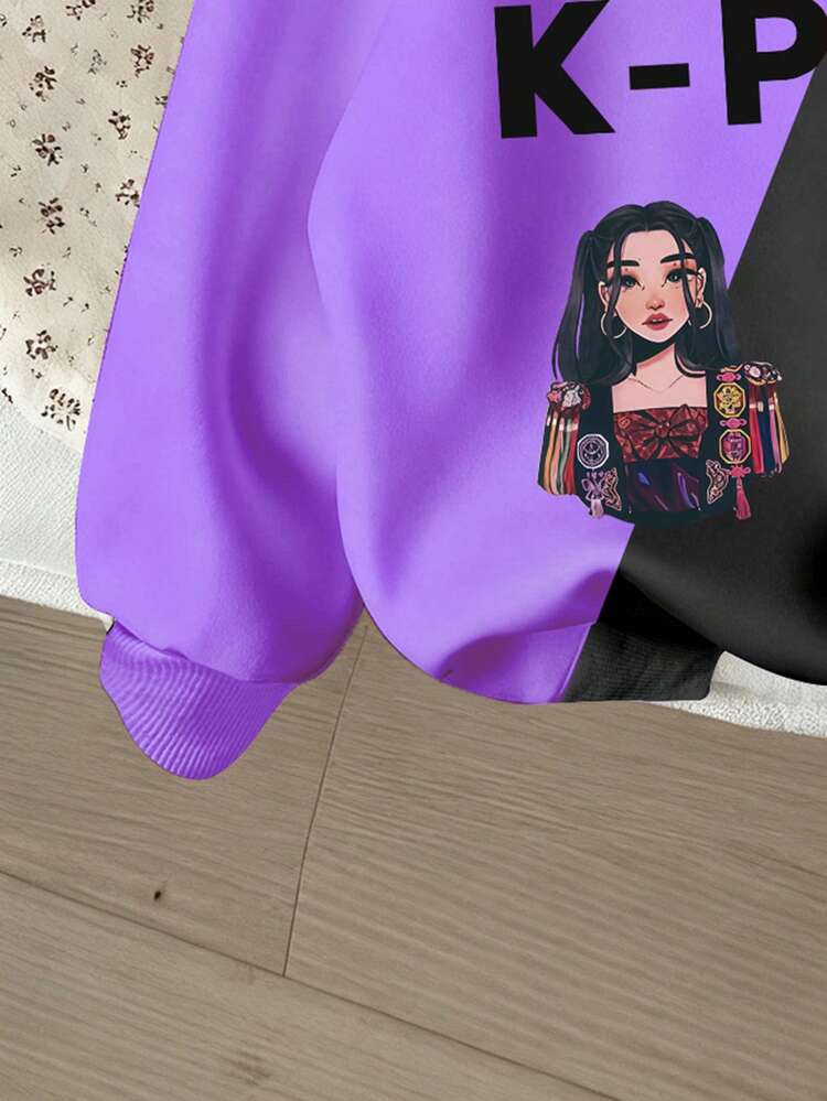SHEIN 1pc Young Girl Casual K-POP Cartoon Graphic Contrast Color Sweatshirt, Comfortable Thick Knit Long Sleeve Pullover For Suitable Autumn/Winter - Multicolor - View 5