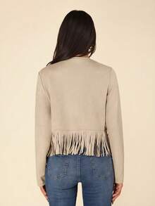 Coeurva Chaqueta de mujer de unicolor con flecos en el frente abierto para otoño/invierno - Caqui - Ver 3