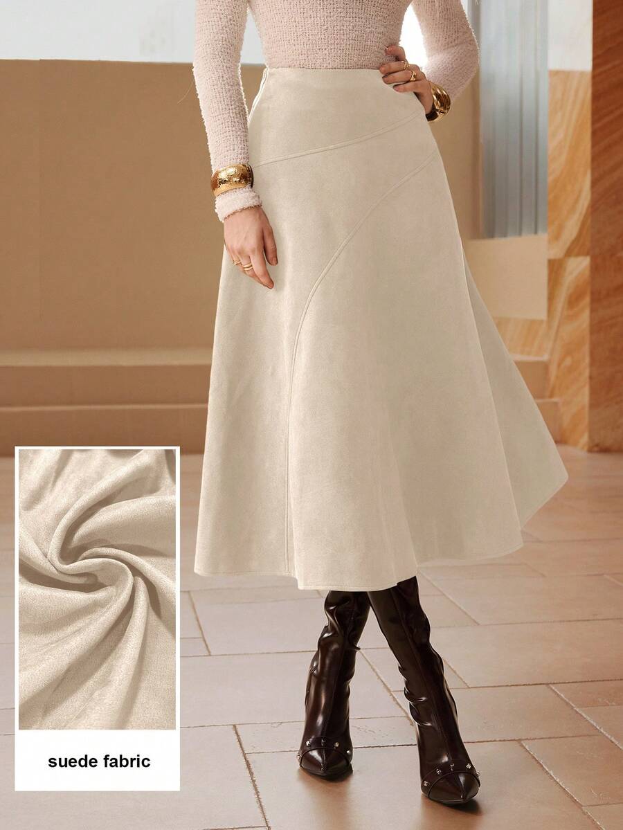 Modelyn 纯色仿麂皮绒优雅长款喇叭裙 - 杏色 - 查看 1