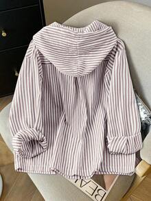 大码女式优雅条纹衬衫裙轻盈宽松连帽卫衣，适合夏秋穿着 - 藕粉色 - 查看 2