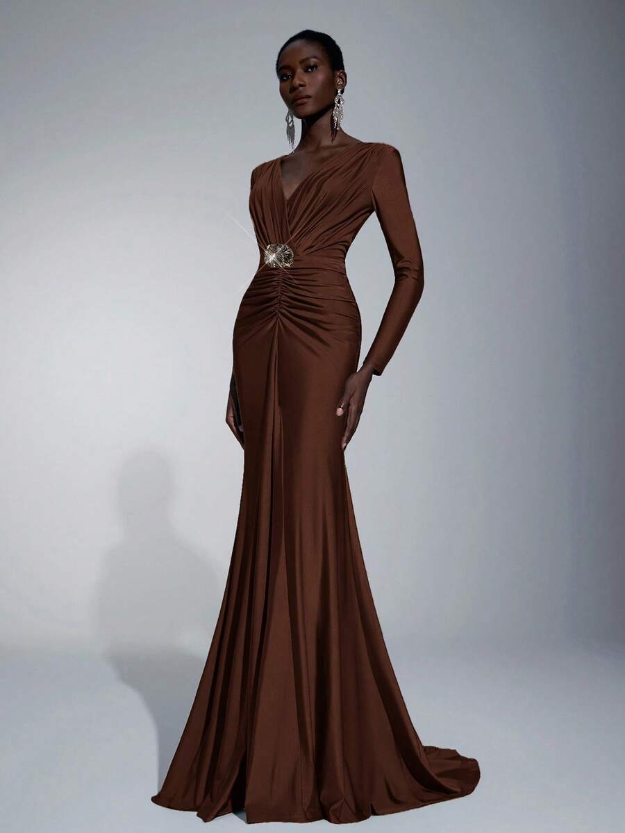 Elitara Thanh lịch, Sang trọng, Thời trang, Trang nghiêm, Xanh lá cây đậm, Vải dệt kim co giãn, Tay dài, Viền đuôi cá, Xòe, Thích hợp cho kỳ nghỉ, Sự kiện cưới, Tiệc độc thân, Váy dạ hội trang trọng, Váy dạ hội trang trọng - màu nâu - Xem 1