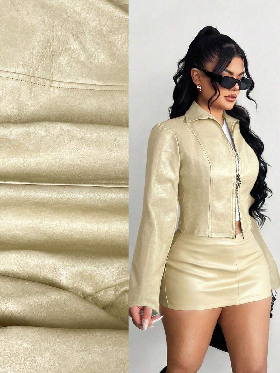 SHEIN SXY Street Style Reversible Zip-Up Leather Jacket, - Apricot - View 1