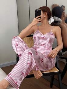 Dream Adore Women Pink Satin Striped Bow Print Sleeveless Spaghetti Strap Long Pajama Set Babydoll Pajama Set Lingerie Pajamas Set Pajama Set Women Women Summer Sets - Pink - View 6