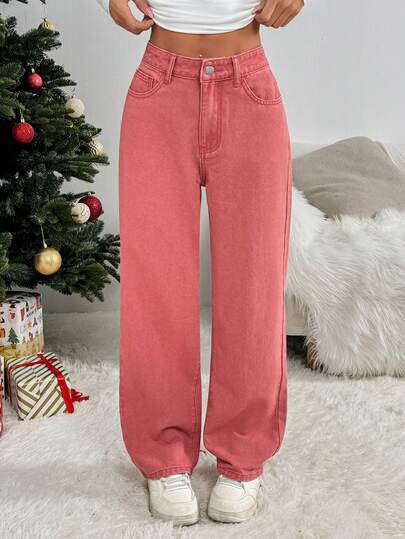 SHEIN PETITE Jeans en denim minimaliste de couleur unie pour femmes, pour tous les jours