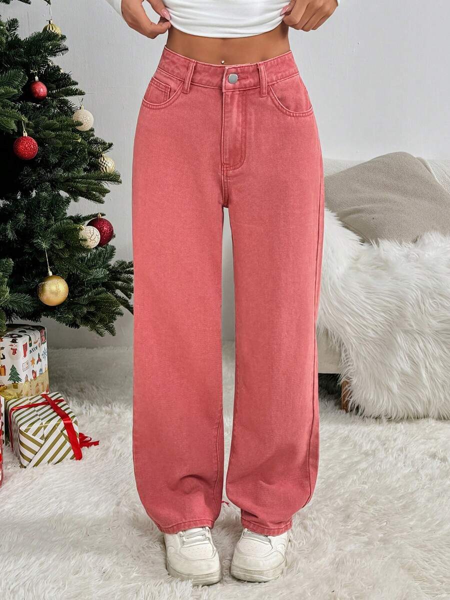 SHEIN PETITE 女款純色極簡日常牛仔褲,適合嬌小女性 - 粉色 - 查看 1