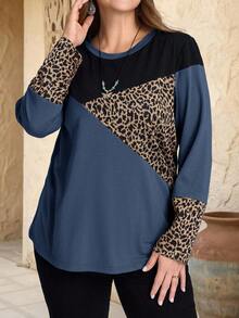 EMERY ROSE Áo thun dài tay nữ cỡ lớn phối màu họa tiết da báo, kiểu dáng thường ngày, màu xanh dương, thích hợp mặc mùa thu. - Màu xanh lam - Xem 7