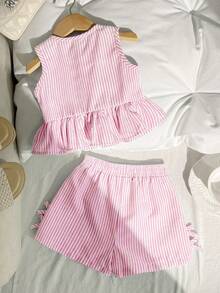 SHEIN 女婴休闲简约舒适圆领蝴蝶结装饰无袖上衣和短裤套装 - 粉色 - 查看 2