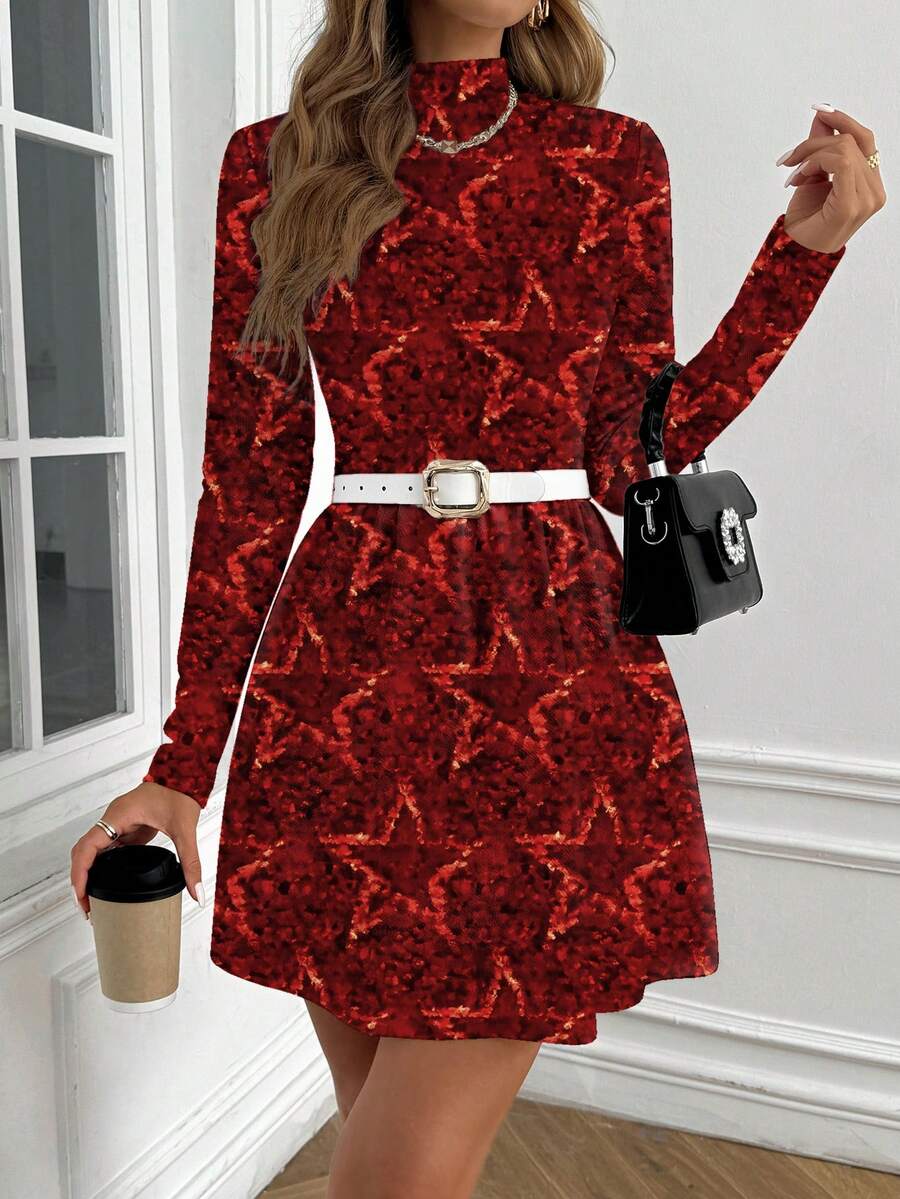 Glamance BiGraphic Mandarin Collar Raglan Sleeve Fitted Women Dress With Pentagram Pattern, Suitable For Autumn/Winter Dress With Belt Fall Dress Autumn Dress Women Dresses Red Long Sleeve Elegant Dress