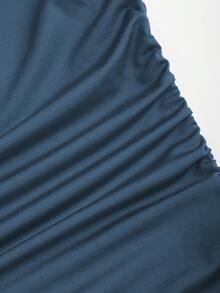 SHEIN PETITE 女士红色长袖高领褶皱腰身复古连衣裙，秋冬款 - 藍色 - 查看 5