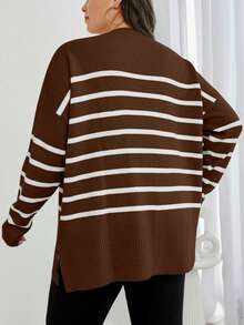 EURMUSE Plus Size Casual Striped Pattern Drop Shoulder Sweater - Chocolate Brown - View 2