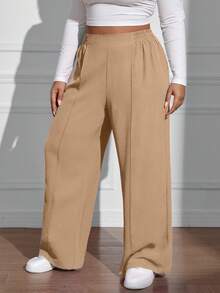 EURMUSE Pantalones sueltos de talla grande de unicolor con cintura elástica y pliegues - Beis - Ver 3