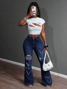 Slaydiva Plus Size Women Cowgirl Style Blue Stretch Heart Embroidered Distressed Flare Jeans, Spring - Dark Wash - View 6