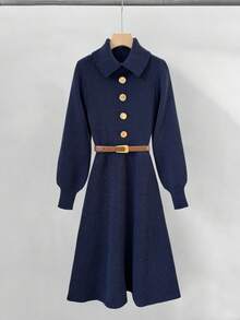 GlowEve 彼得潘领金属扣抽绳腰长袖休闲舒适优雅女士毛衣连衣裙 - 藏蓝色 - 查看 5