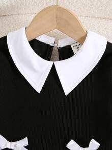 SHEIN Young Girls Bowknot A-Line Dress With 2 In 1 Shirt Collar, Suitable For Casual Outings And School - Black - View 5