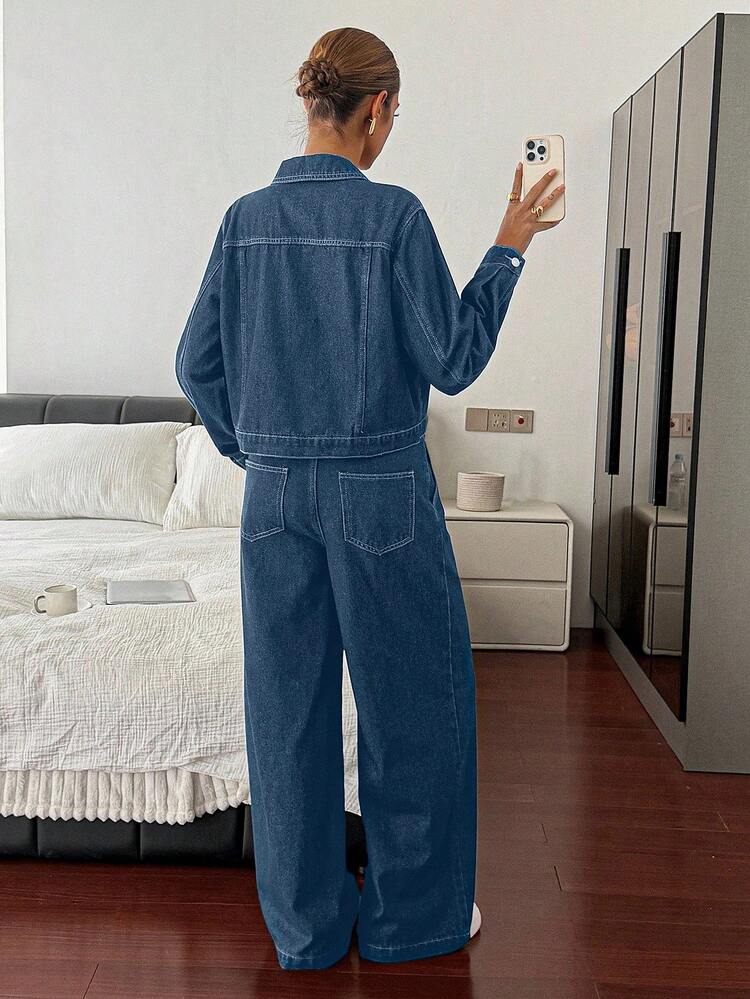 Women's Long Sleeve Single-Breasted Jacket And Wide-Leg Jeans Casual Suit