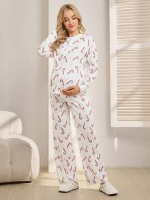 SHEIN 2pcs/Set Maternity Comfortable Breathable Full Print Crew Neck Long Sleeve Set - White - View 4