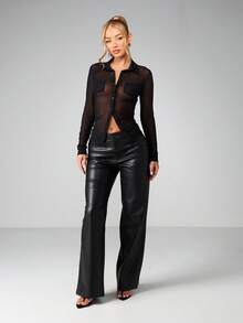 MISSGUIDED Semi Sheer Mesh Button Down Collared Shirt With Chest Pockets Long Sleeve Top - Black - View 3