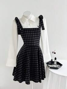 SHEIN Unity 女士黑色格子系带A字短款收腰连衣裙，学院风百搭单品，适合日常、通勤、外出、约会、秋冬季、返校季、毕业季等场合。 - 黑色 - 查看 1
