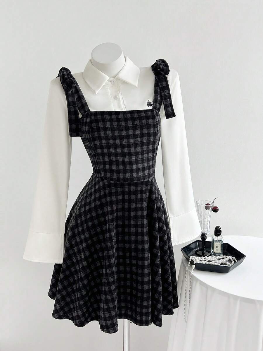 SHEIN Unity 女士黑色格子系带A字短款收腰连衣裙，学院风百搭单品，适合日常、通勤、外出、约会、秋冬季、返校季、毕业季等场合。 - 黑色 - 查看 1