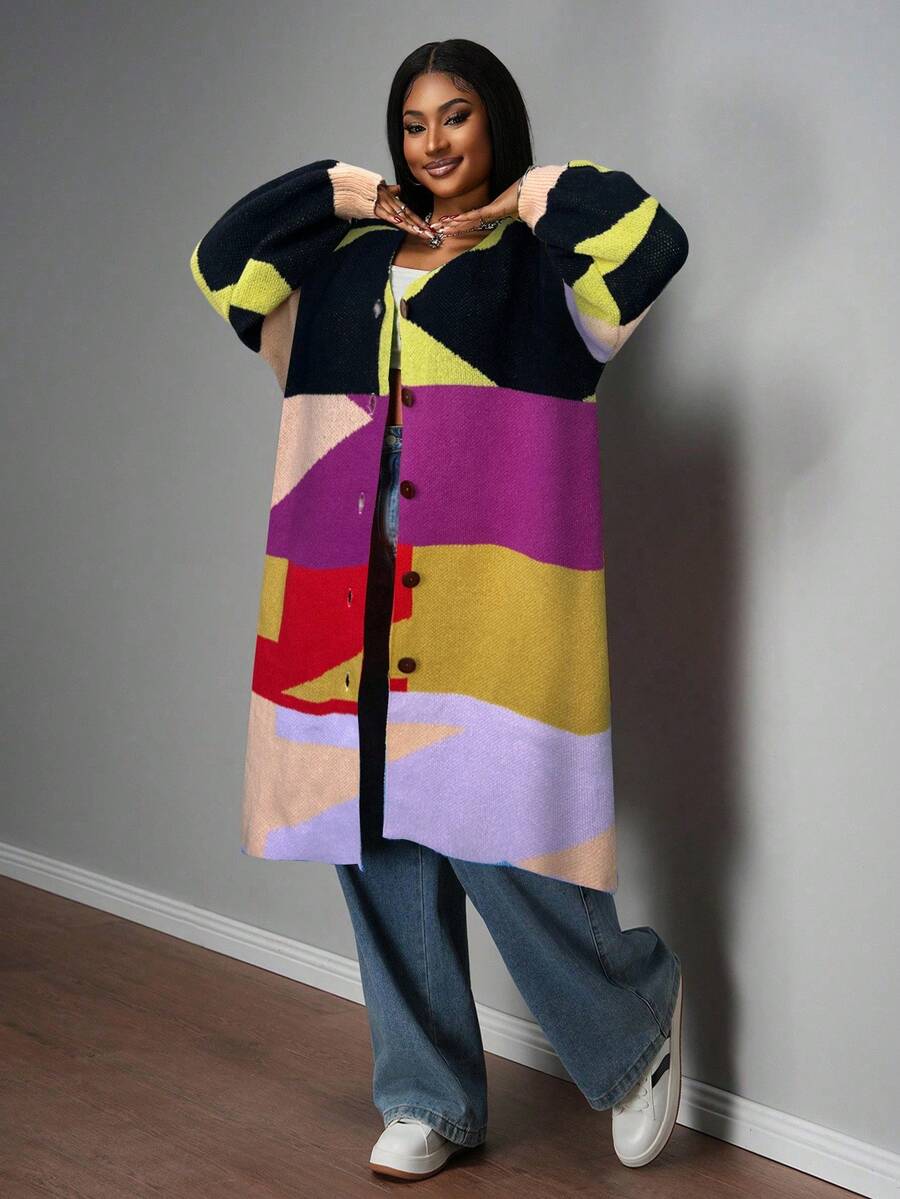 Slaydiva Áo khoác cardigan dài tay phối màu cỡ lớn, kiểu dáng thường ngày/áo len mùa đông cài nút, áo len dài cho nữ, quần áo cầu vồng cho nữ, áo cardigan nữ. - Nhiều màu - Xem 1