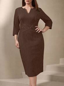 Chikora Plus Size Women's Mid-Length Notched Neck Dress,Black And White,Autumn,Elegant,Formal,3/4 Sleeve Vertical Stripe Pencil Skirt,Office Minimalist Dress - Coffee Brown - View 1