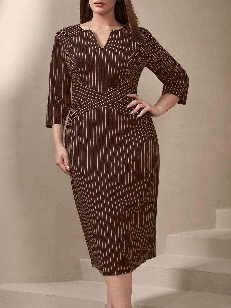 Chikora Plus Size Women's Mid-Length Notched Neck Dress,Black And White,Autumn,Elegant,Formal,3/4 Sleeve Vertical Stripe Pencil Skirt,Office Minimalist Dress - Coffee Brown - View 1