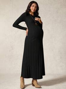 Boho Mama Maternity Black Autumn Casual Formal Evening Photoshoot Elegant Solid Color Round Neck Long Sleeve Ribbed Bump Friendly Knit Maxi Pregnant Dress - Black - View 6